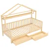 A light-colored wooden children's bed with a house-shaped frame and two drawers underneath. Produktbild-Vorschau