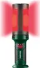 A close-up studio shot of a green and black LED work light with red light emitting from the top. Produktbild-Vorschau