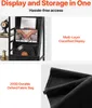A collage of images showing a shelf unit with storage for records, books, and a clock, with close-ups of the storage bags. Podgląd zdjęcia produktu