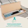 A cardboard box containing disassembled parts of a bed frame, with a graphic overlay indicating quick assembly. Produktbild-Vorschau