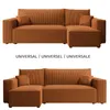 Two views of an orange corduroy sectional sofa, one above the other, with text in between. Produktbild-Vorschau