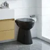 A modern bathroom with a black toilet, wooden vanity, and white tiled walls. Anteprima dell’immagine prodotto