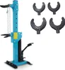 A blue hydraulic spring compressor tool with four black attachments on a white background. Produktbild-Vorschau