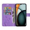 A purple flip case for a smartphone, with card slots and a bill compartment, is shown open with a smartphone inside. Produktbild-Vorschau