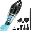 A black handheld vacuum cleaner with various attachments and a charging dock, displayed against a white background. Voir les images du produit