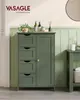 A green storage cabinet with four drawers and a cabinet door, placed in a bathroom setting with decorative items on top. Náhled obrázku produktu