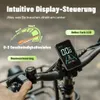 Close-up of an electric bike's handlebars and display, with text overlays highlighting features. Produktbild-Vorschau