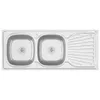 A top-down view of a stainless steel double kitchen sink with a draining board. Podgląd zdjęcia produktu