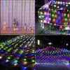 A collage of four images showing colorful LED net lights used for decoration in various settings, including indoors, on a car, and outdoors in a garden. Produktbild-Vorschau