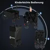A collage of images showing a foldable wagon in different states of use and storage, with numbered steps and text indicating ease of use. Produktbild-Vorschau