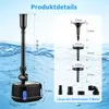 A product image showing a water pump with various attachments and dimensions, set against a blue and white background with water effects. Produktbild-Vorschau