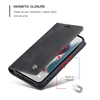 A black flip phone case for an iPhone 14 is shown open, with red arrows indicating the magnetic closure feature. Produktbild-Vorschau