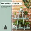 A light green wooden plant stand with three tiers, displaying various potted plants against a brick wall background. Produktbild-Vorschau