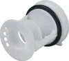 A white plastic washing machine drain pump filter insert with a black rubber seal. Produktbild-Vorschau