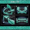 Collage of four images showing different features of a teal-colored toy sports car. Produktbild-Vorschau