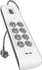 A white and gray power strip with multiple outlets and USB ports, shown from a slightly elevated angle. Produktbild-Vorschau
