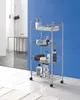 A metal shelving unit with four baskets filled with various bathroom products, placed in a bathroom setting with a blue wall and tiled floor. Produktbild-Vorschau
