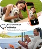 A woman and her dog posing for a photo, a phone displaying the photo, and a man relaxing by the sea. Anteprima dell’immagine prodotto