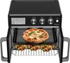 A black digital air fryer oven with its doors open, showing a pizza on the top rack and skewers of food on the bottom rack. Produktbild-Vorschau