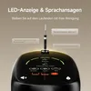 A close-up of the top of a black cleaning device with illuminated controls and speech bubbles indicating features. Produktbild-Vorschau