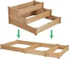 A tiered wooden garden bed is shown above, with arrows pointing down to a disassembled, linear configuration of the same garden bed. Produktbild-Vorschau