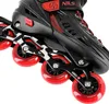 Close-up of the front and side of a black and red inline skate. Voir les images du produit