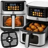 A collage of two air fryers, one showing a whole chicken and the other showing chicken wings, with a separate air fryer basket shown. Produktbild-Vorschau