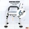 A shower chair with adjustable height and armrests, shown in a bathroom setting with marble-like tiles. Produktbild-Vorschau
