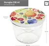 A glass jar with a lid decorated with cartoon fruits, with dimensions indicated by lines and text. Podgląd zdjęcia produktu