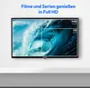 A television screen displaying a large wave, with two boxes highlighting FHD and HD resolutions. The television is mounted on a wall above a shelf. Produktbild-Vorschau