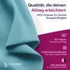 A close-up of a light blue fabric with marketing text and icons overlaid. Produktbild-Vorschau