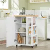 A kitchen cart with its door open, displaying shelves with kitchenware and food items, in a kitchen setting. Produktbild-Vorschau