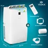 A white portable air conditioner with accessories and dimensions displayed against a blue background. Produktbild-Vorschau