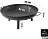 A black steel fire pit with dimensions indicated by text overlays. Anteprima dell’immagine prodotto