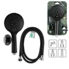 A product shot of a black shower head set in its packaging, alongside a separate shower head, hose, and wall mount. Anteprima dell’immagine prodotto