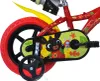 Close-up view of the rear wheel, chain guard, and pedal of a child's bicycle, featuring cartoon characters. Produktbild-Vorschau