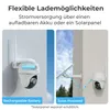 Split image showing two power options for a security camera: rechargeable battery and solar panel. Produktbild-Vorschau