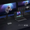 A laptop connected to two external monitors via a USB-C hub, displaying a space-themed wallpaper and video editing software. Produktbild-Vorschau