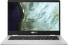A silver ASUS Chromebook is shown from a front-facing, slightly elevated angle, open with the screen displaying a nature-themed wallpaper. The keyboard is visible. Produktbild-Vorschau