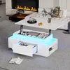 A modern living room with a white coffee table featuring LED lighting and storage, placed on a gray carpet in front of a sofa and fireplace. Voir les images du produit