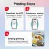 The image shows the three steps for using a portable printer, with illustrations and text. Podgląd zdjęcia produktu