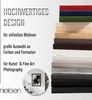 A stack of picture frame samples and marketing text. Produktbild-Vorschau