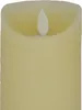 A close-up of a cream-colored LED candle with a white LED flame. Produktbild-Vorschau