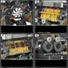 A collage of four close-up images showing different parts of a detailed model engine. Voir les images du produit