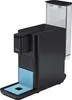 A black Tchibo Qbo coffee machine with a transparent water tank and a blue drip tray, set against a white background. Produktbild-Vorschau
