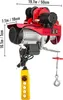 A red electric hoist with a yellow remote control, shown against a white background with dimensions indicated. Náhľad obrázku produktu