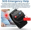 An elderly man is shown holding his chest, with a red overlay indicating pain. A smartwatch is prominently displayed, showing an SOS emergency call interface. Náhled obrázku produktu