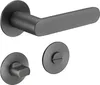 A set of door hardware, including a door handle, a privacy lock knob, and a screw plate, is displayed against a white background. Produktbild-Vorschau