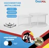 Marketing image showing two white round coffee tables of different sizes, with text overlays highlighting features and available colors. Voir les images du produit