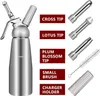 A stainless steel whipped cream dispenser with various attachments and labels. Produktbild-Vorschau